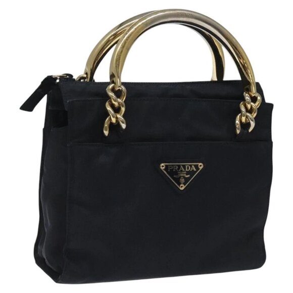 PRADA Hand Bag Nylon Navy Gold Auth BA355 - Picture 1 of 16